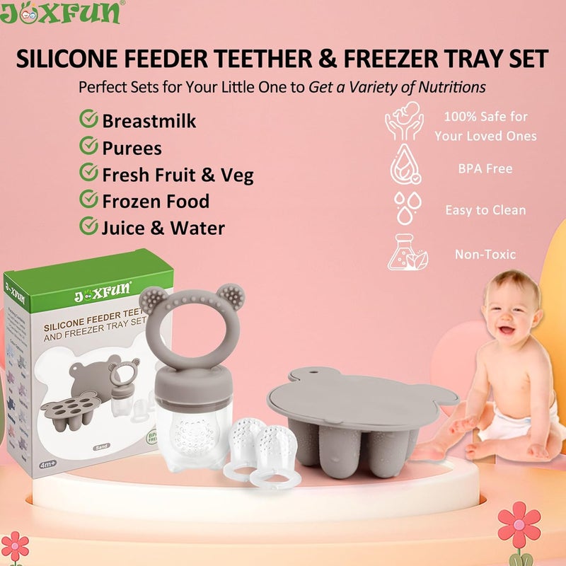 JEXFUN Silicone Baby Fruit Food Feeder Pacifier & Breastmilk Popsicle Freezer Molds, Double as Baby Teething Toys, Freezable Feeding Set for Breast Milk Ice Cubes, Food, Vegetable Purees - (Sand) - Image 3